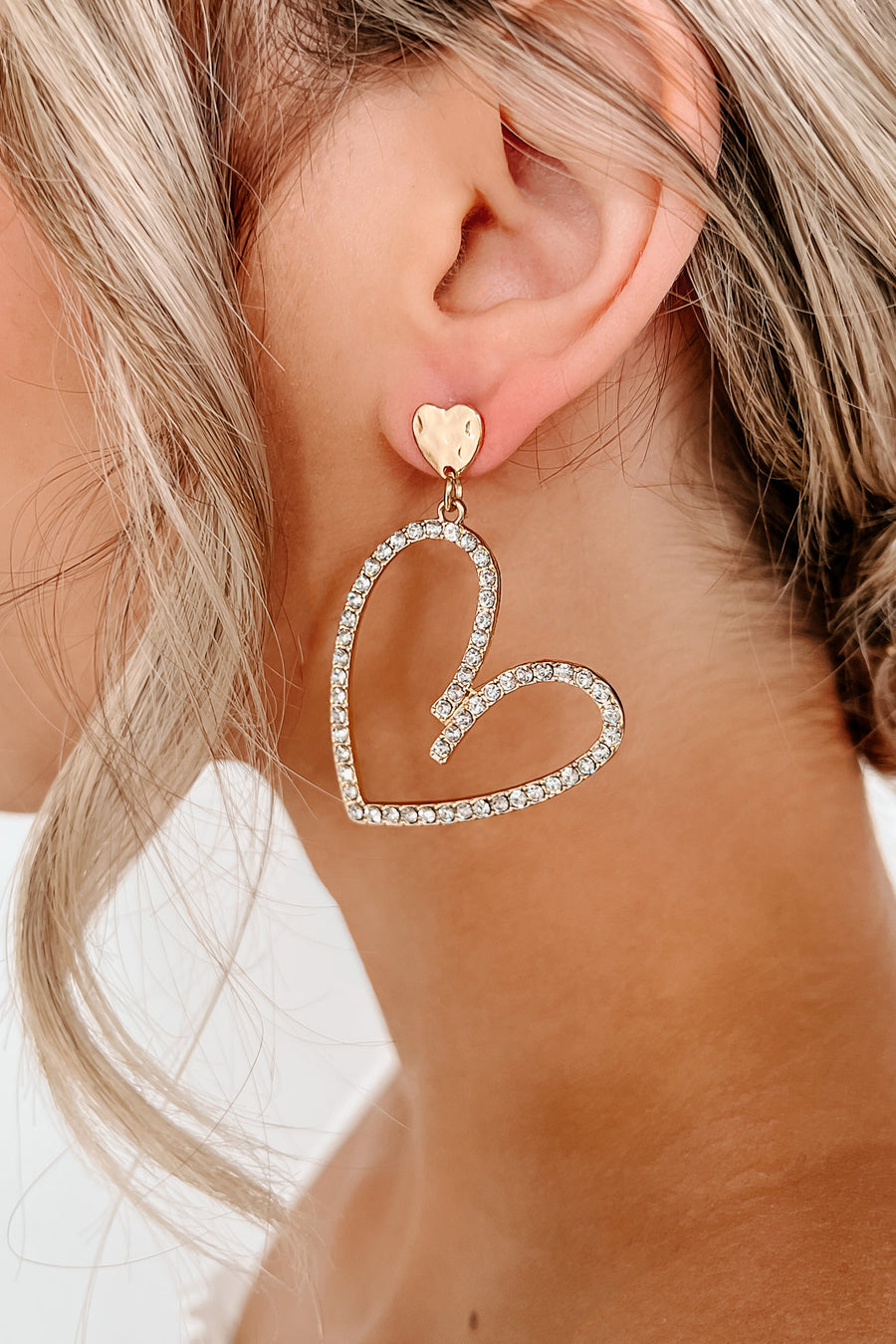 Chic Hearts Rhinestone Heart Dangle Earrings (Gold) - NanaMacs