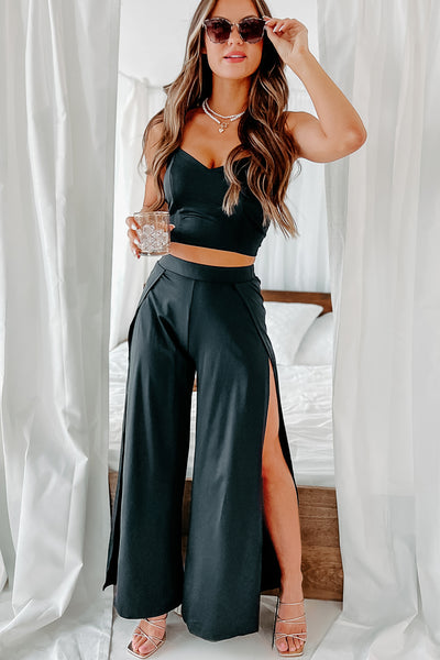 Driving To Malibu Crop Top & Pant Two-Piece Set (Black) - NanaMacs