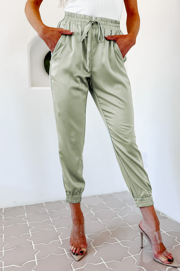 Bling It On Satin Rhinestone Trim Joggers (Green) - NanaMacs