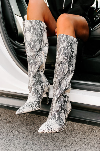 "Snake It Off" Heeled Snake Print Boots (Stone/Black Snake) - NanaMacs