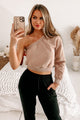 Just Cool It Cropped One Shoulder Sweatshirt (Taupe) - NanaMacs