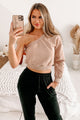 Just Cool It Cropped One Shoulder Sweatshirt (Taupe) - NanaMacs