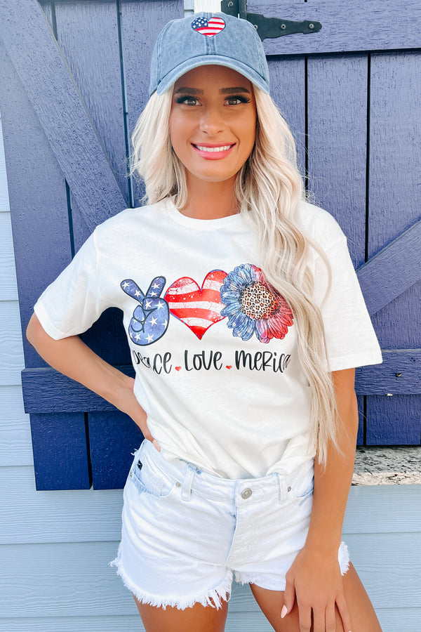 "Peace, Love, Merica" Graphic T-Shirt (White) - Print On Demand - NanaMacs