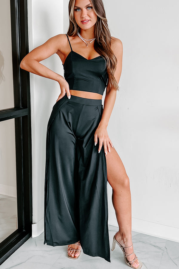 Driving To Malibu Crop Top & Pant Two-Piece Set (Black) - NanaMacs