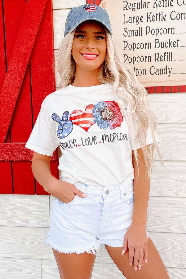 "Peace, Love, Merica" Graphic T-Shirt (White) - Print On Demand - NanaMacs