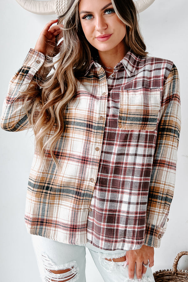 Leaves Are Falling Colorblock Plaid Button-Down Shirt (Saffron) - NanaMacs