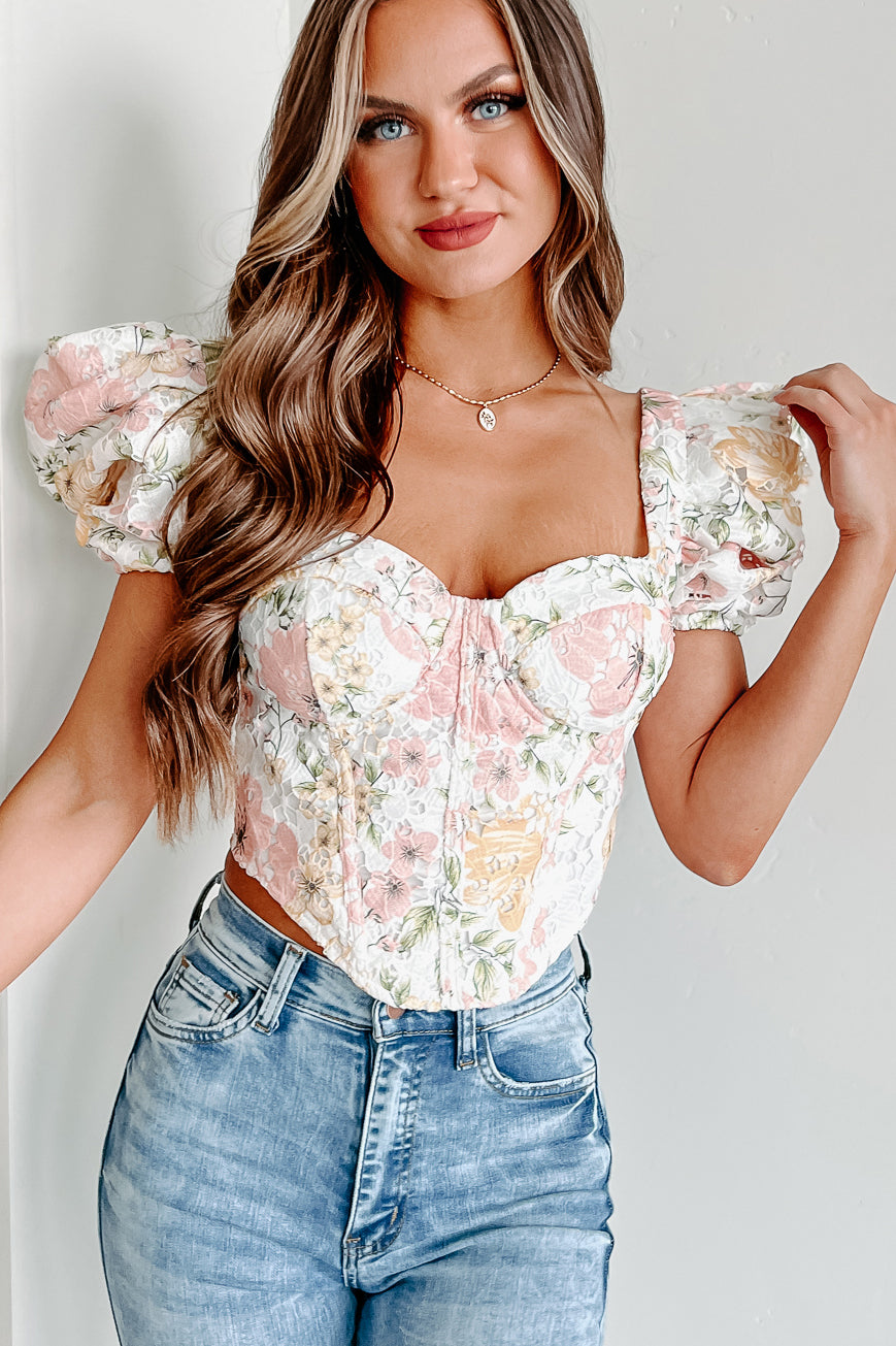 With Loving Affection Floral Puff Sleeve Corset Top (White/Floral) - NanaMacs