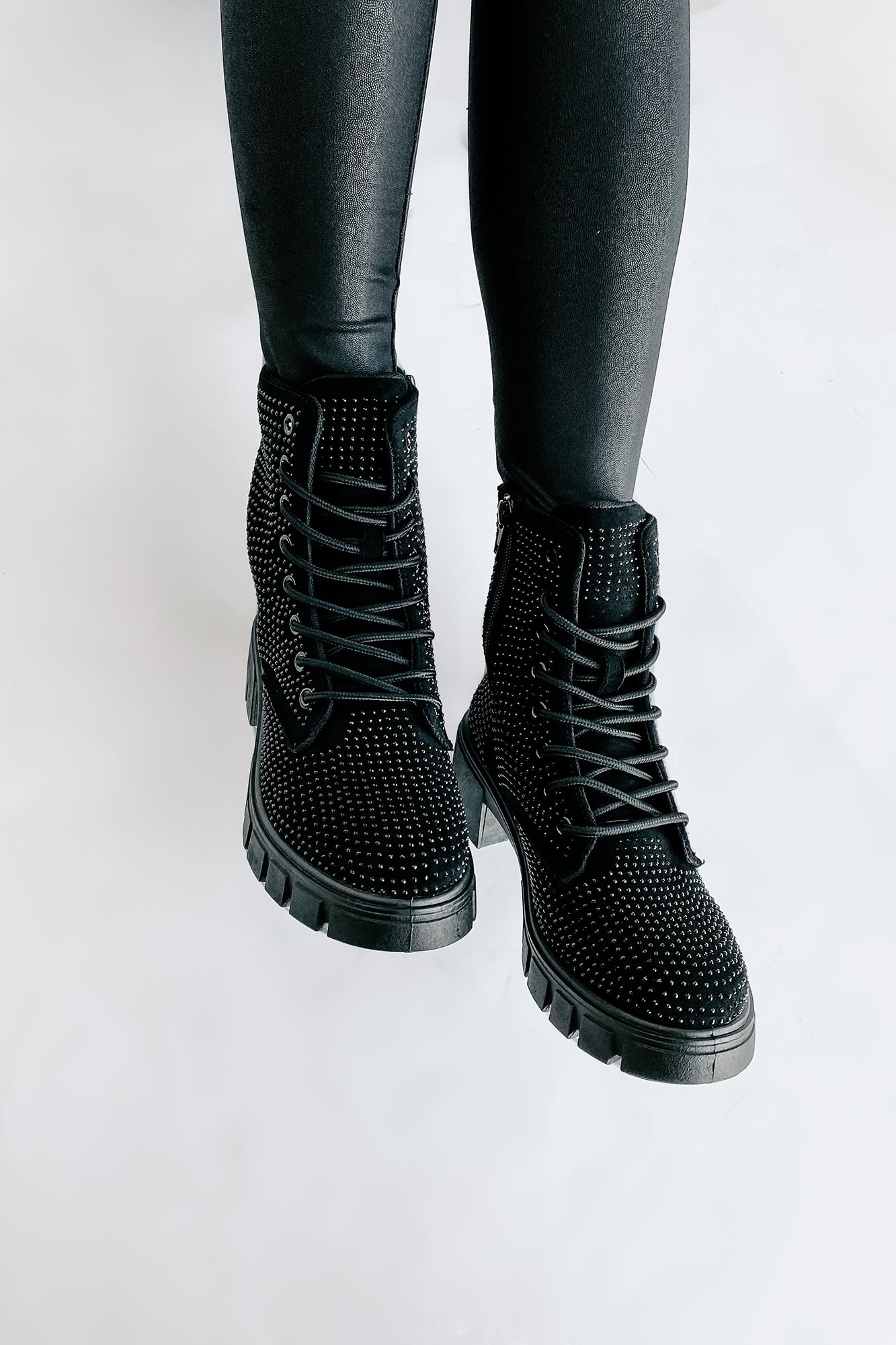 Spunky Sweetie Rhinestone Combat Boots (Black) - NanaMacs