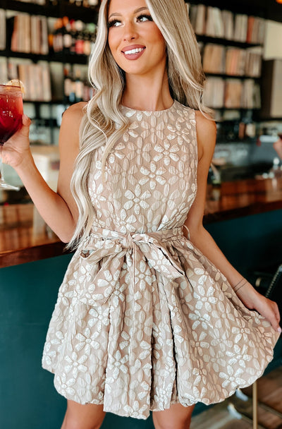 Midnight Glances Textured Bubble Hem Mini Dress (Taupe) - NanaMacs