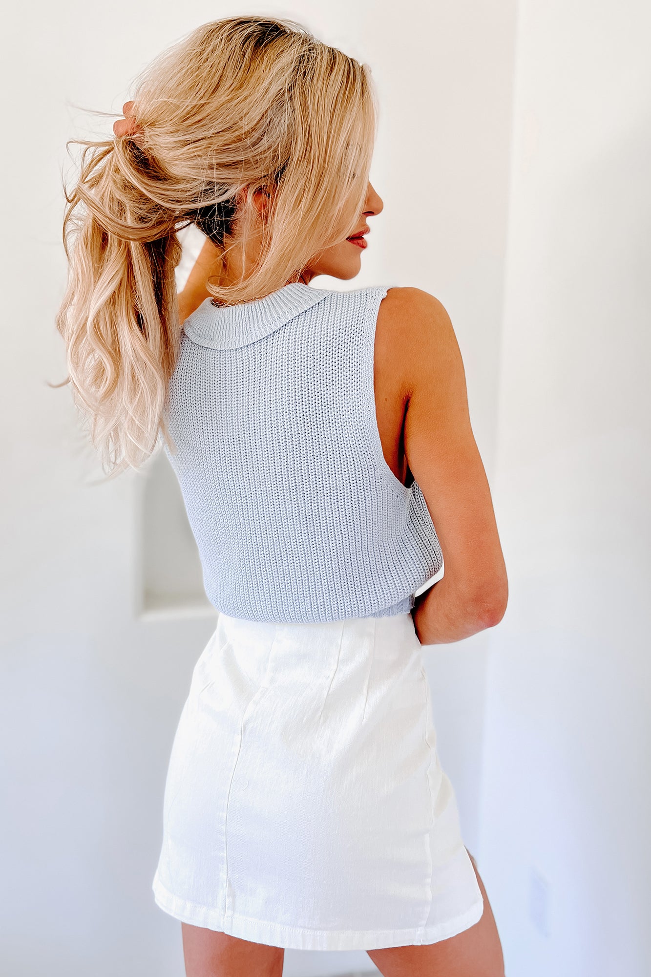 Invested In You Pearl Button Cropped Sweater Vest (Arctic Blue) - NanaMacs