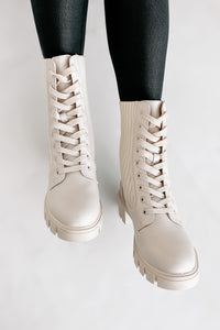 Changing The Game Ribbed Knit Lace-Up Combat Boots (Bone) - NanaMacs