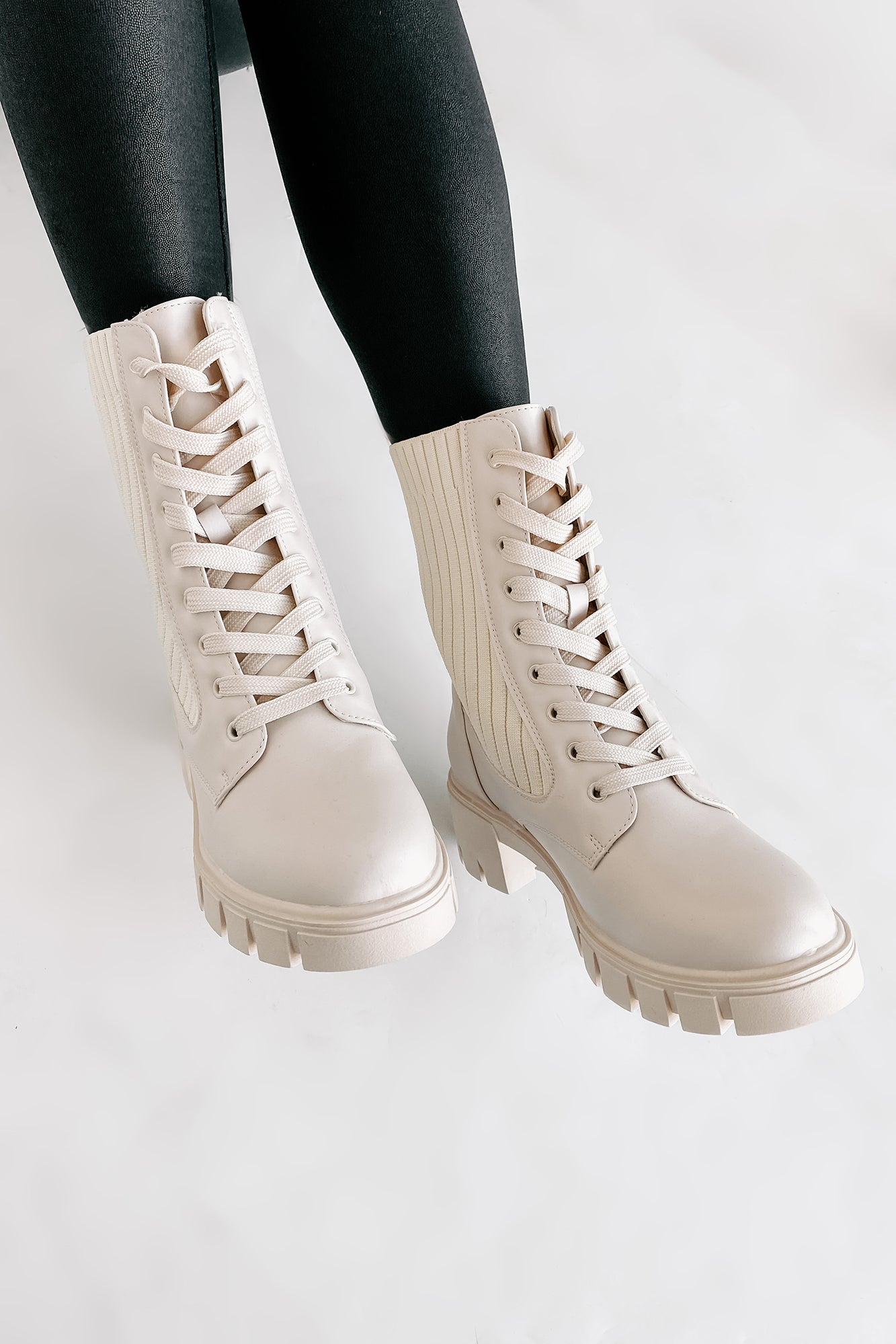 Changing The Game Ribbed Knit Lace-Up Combat Boots (Bone) - NanaMacs