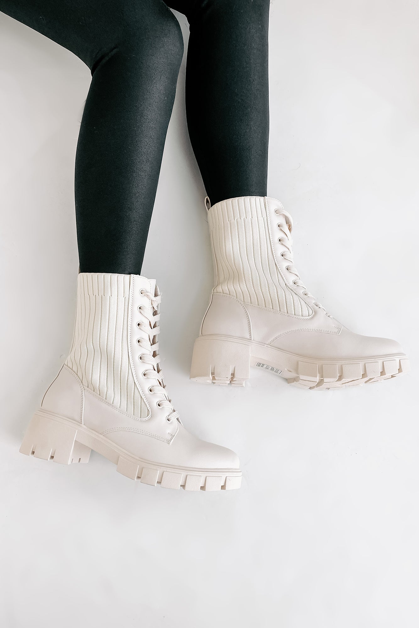 Changing The Game Ribbed Knit Lace-Up Combat Boots (Bone) · NanaMacs