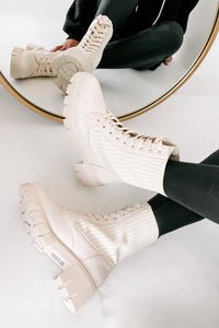 Changing The Game Ribbed Knit Lace-Up Combat Boots (Bone) - NanaMacs