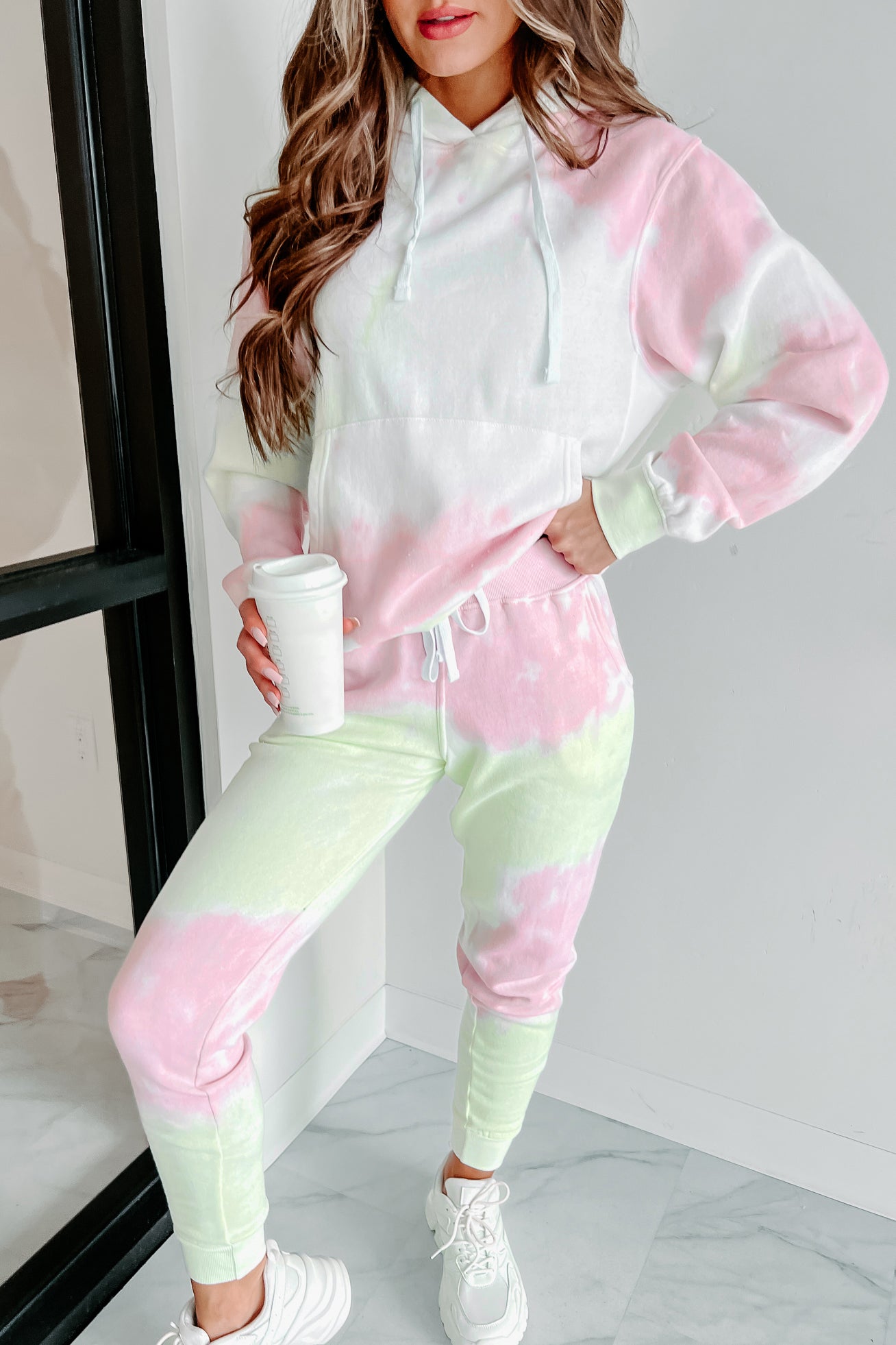 Sweet Like Watermelon Tie Dye Print Hoodie Jogger Set Green Pink