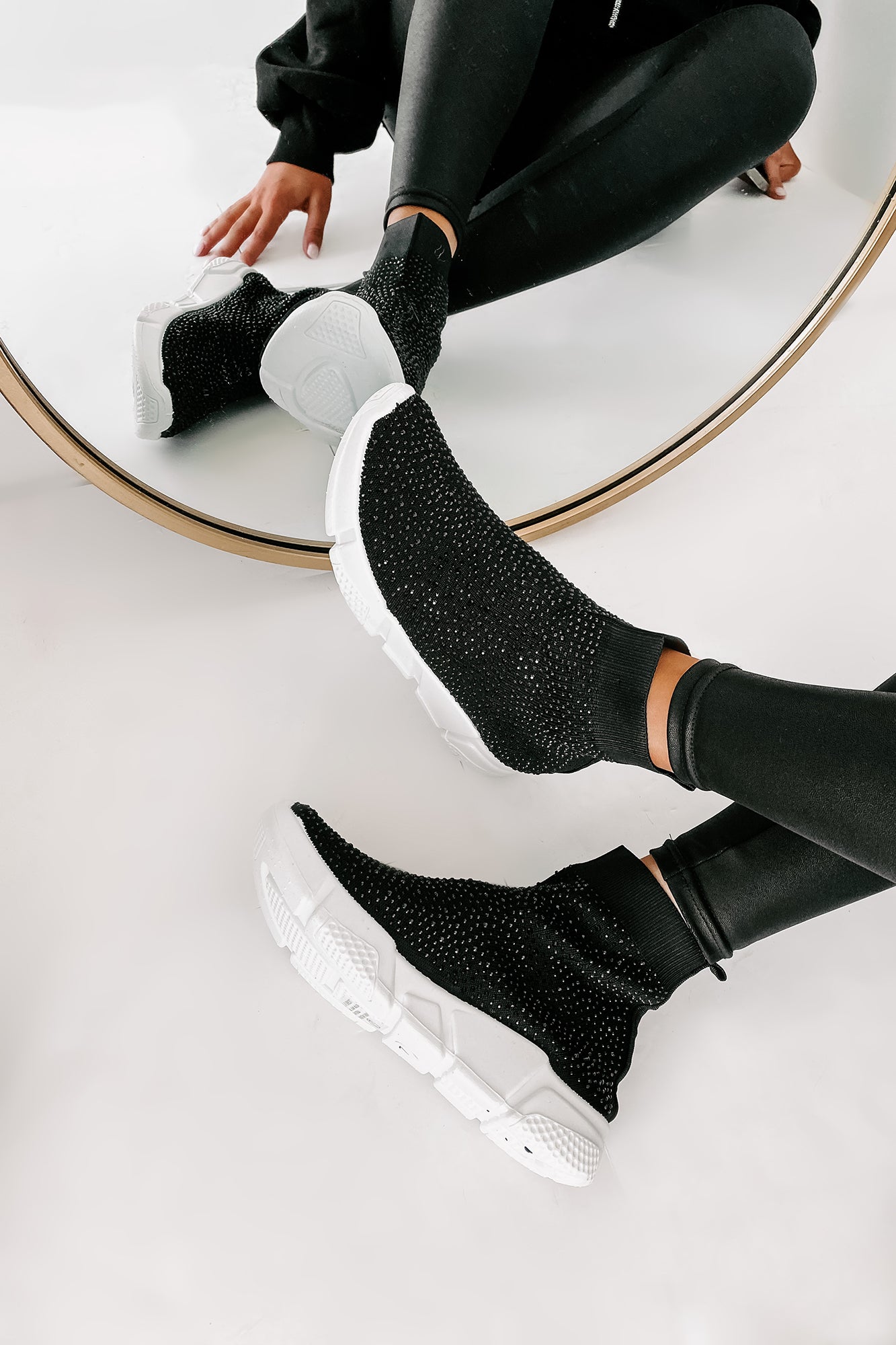 Real MVP Rhinestone Embellished Sock Knit Sneakers (Black) - NanaMacs