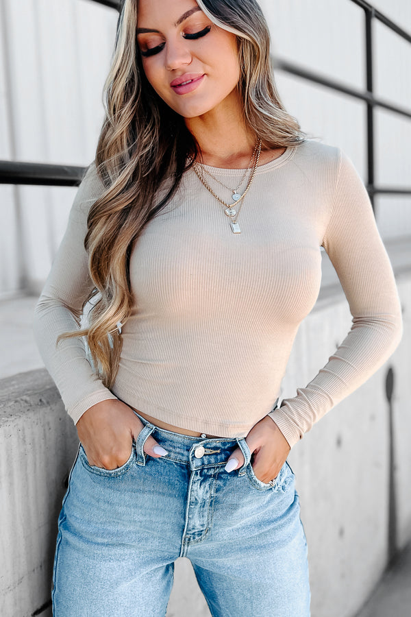 Just Like Everyone Ribbed Long Sleeve Top (Taupe) - NanaMacs