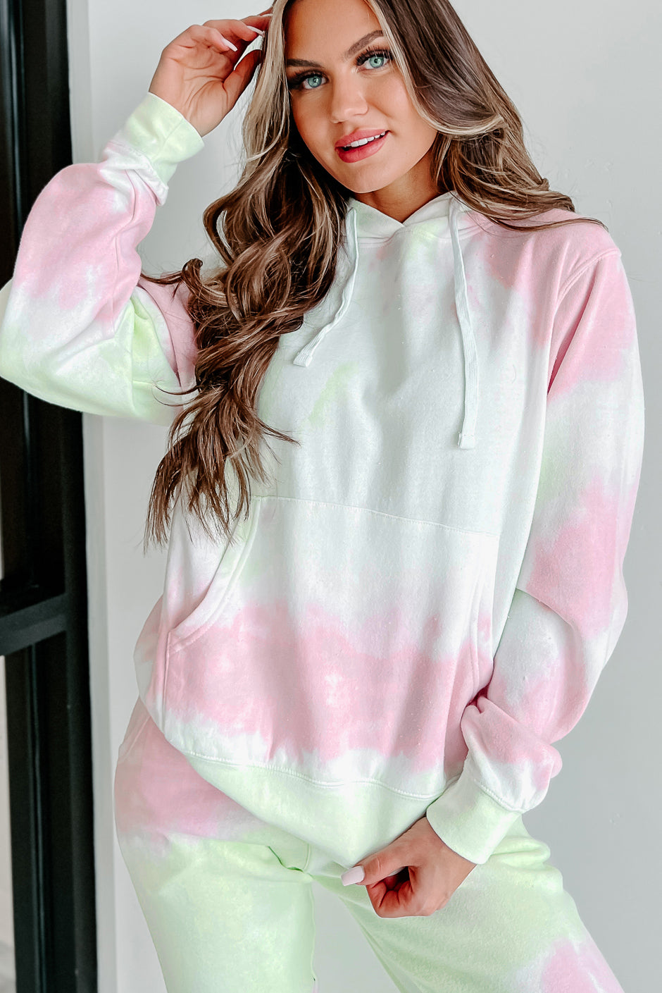 Sweet Like Watermelon Tie Dye Print Hoodie Jogger Set Green