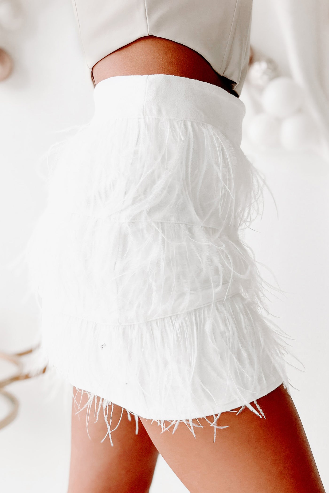 Don't Mind If I Do Feather Mini Skirt (White) - NanaMacs