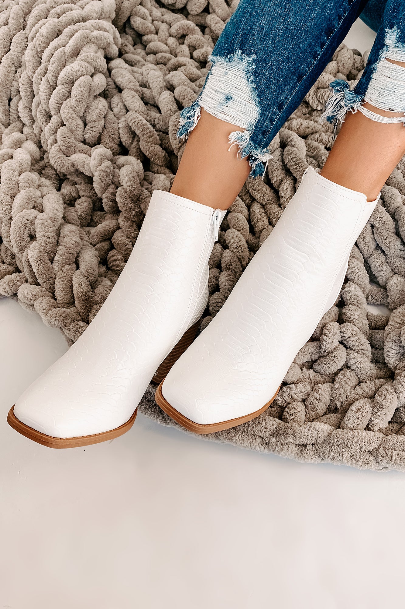 IMPERFECT Queen Of The Game Faux Croc Booties (White) - NanaMacs