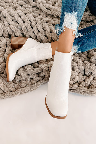IMPERFECT Queen Of The Game Faux Croc Booties (White) - NanaMacs