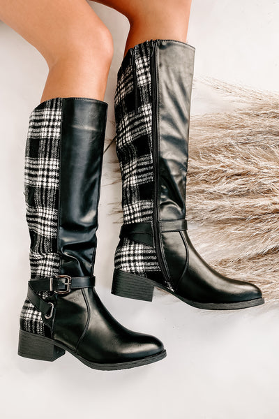 Master Of The Hunt Plaid Knee High Boots (Black/White) - NanaMacs