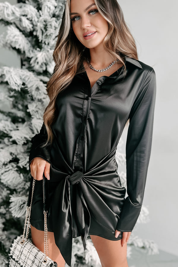 Drawn To You Satin Button Front Mini Dress (Black) - NanaMacs