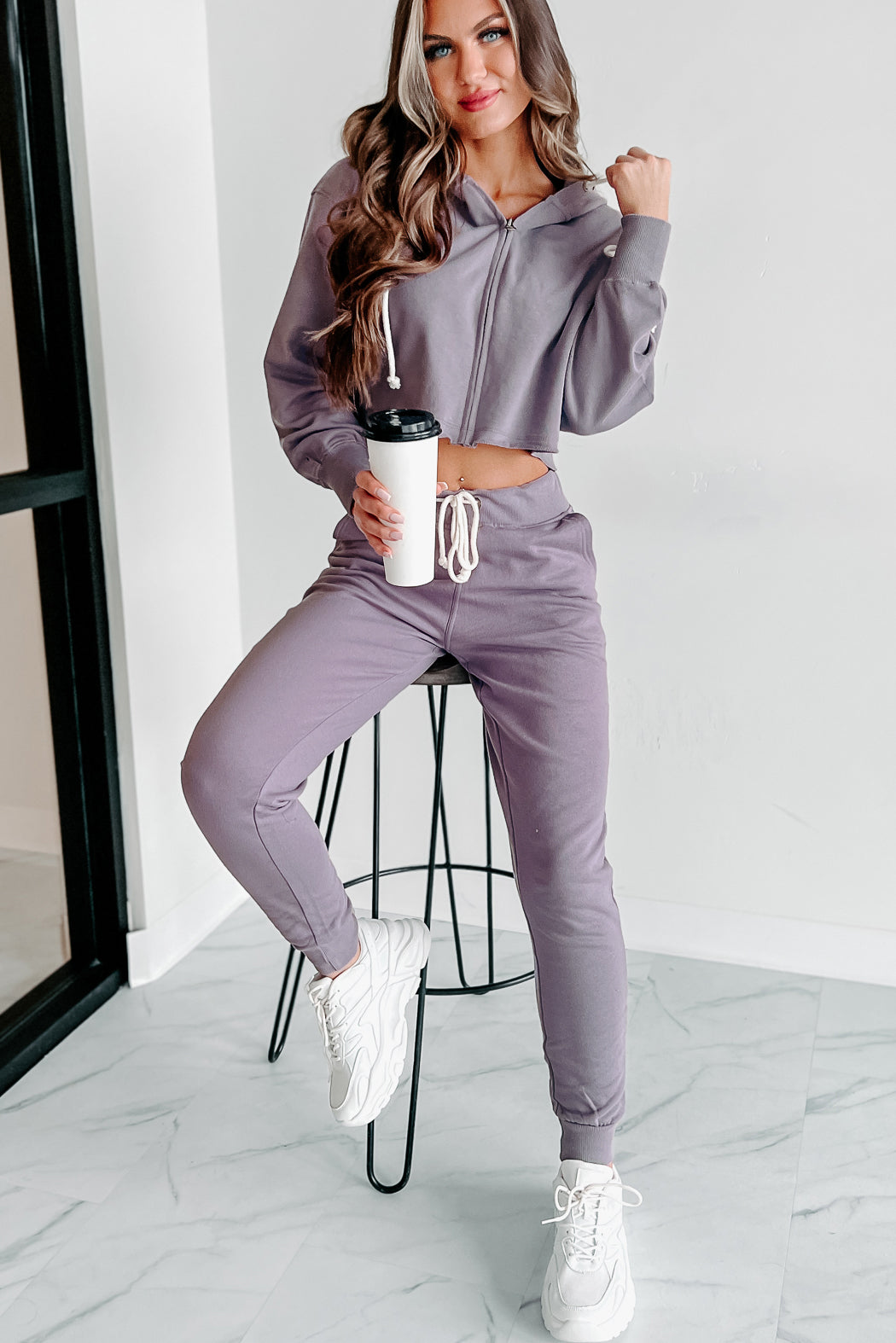 Comfortably Cool Zip-Front Crop Hoodie Jogger Set (Dusty Purple