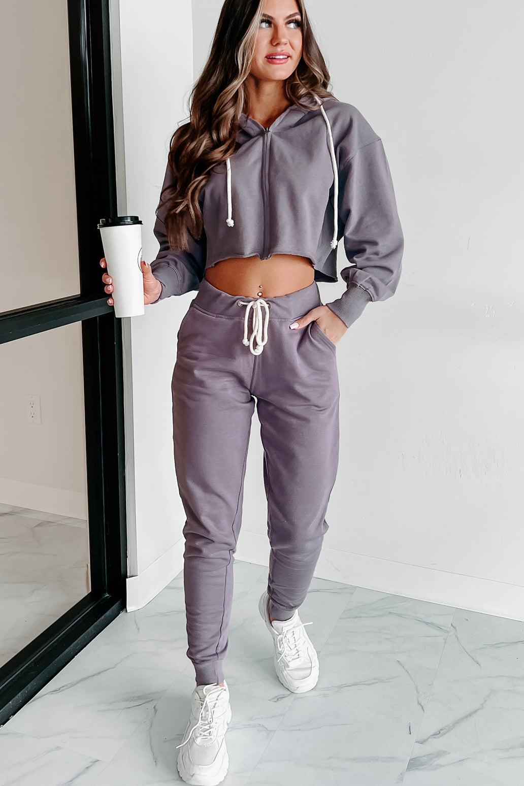 Comfortably Cool Zip Front Crop Hoodie Jogger Set Dusty Purple