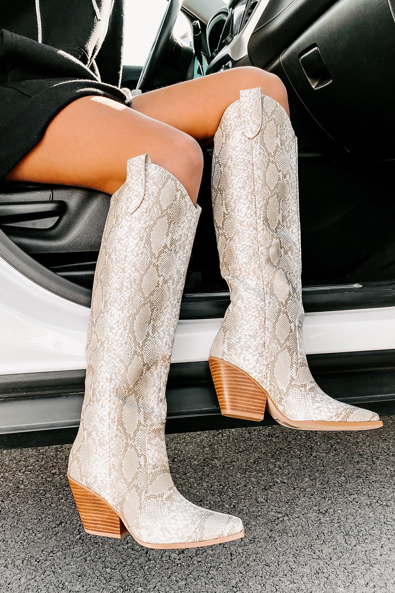 Wicked Thoughts Tall Snake Print Boots (Cream Python) - NanaMacs