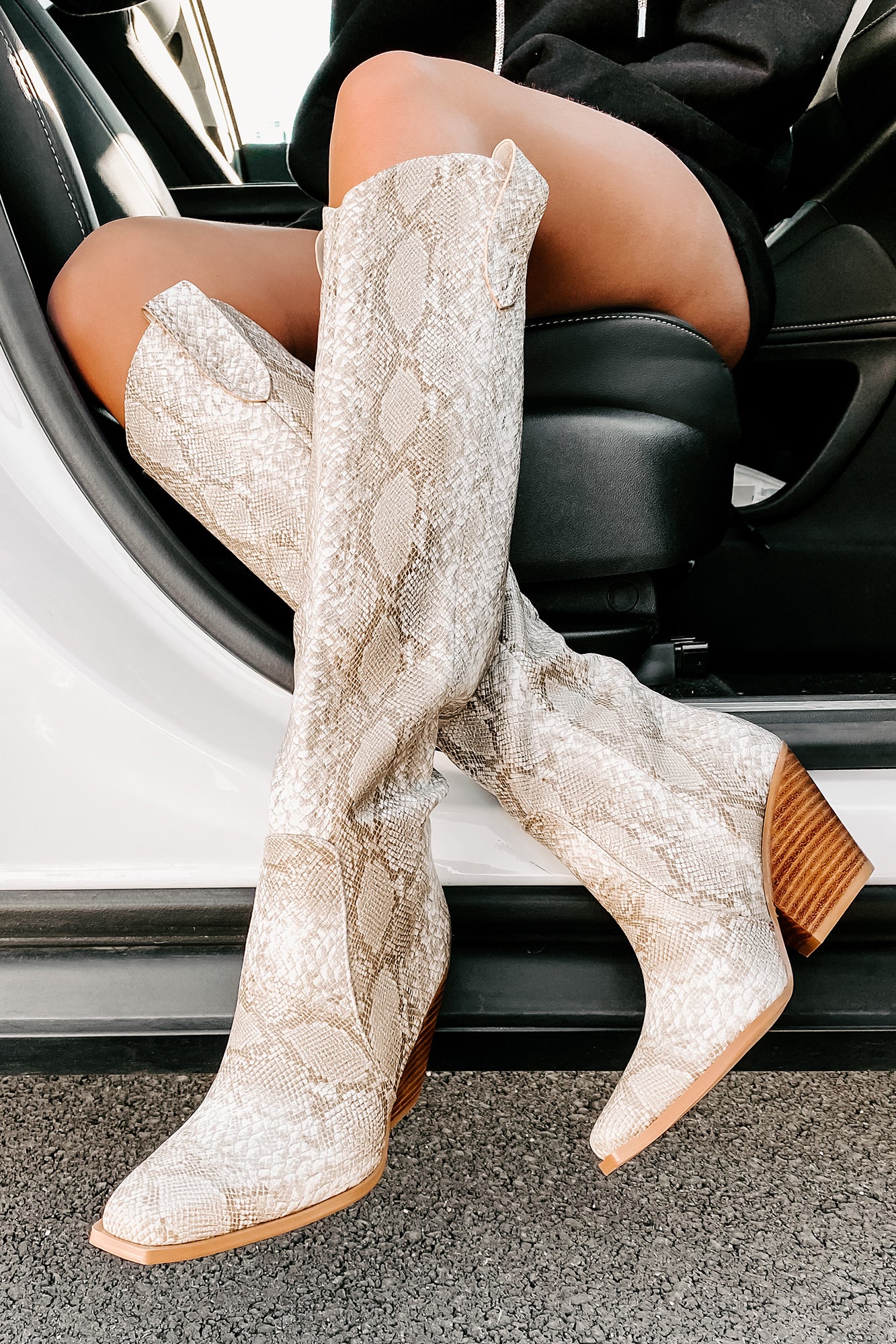 Wicked Thoughts Tall Snake Print Boots (Cream Python)