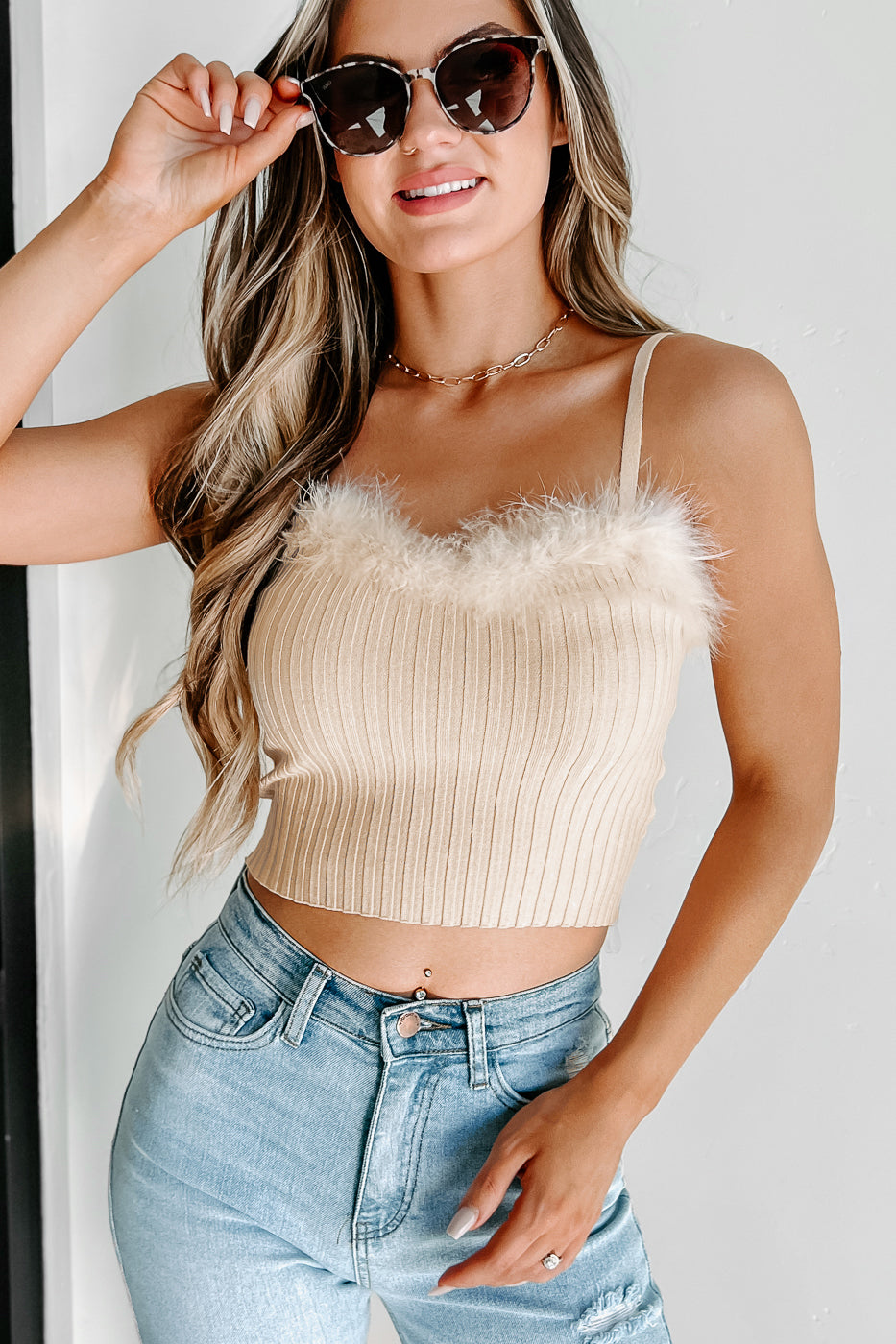 Without Reason Feather Trimmed Sweater Knit Tank Top (Cream) - NanaMacs