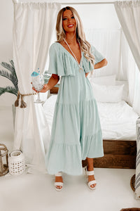 Sweet Girl Ruffle Sleeve Tiered V-Neck Maxi Dress (Sage Blue) - NanaMacs