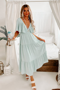 Sweet Girl Ruffle Sleeve Tiered V-Neck Maxi Dress (Sage Blue) - NanaMacs