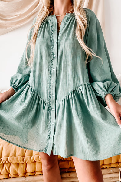 Forever Sweet Button-Front Long Sleeve Mini Dress (Sage) - NanaMacs