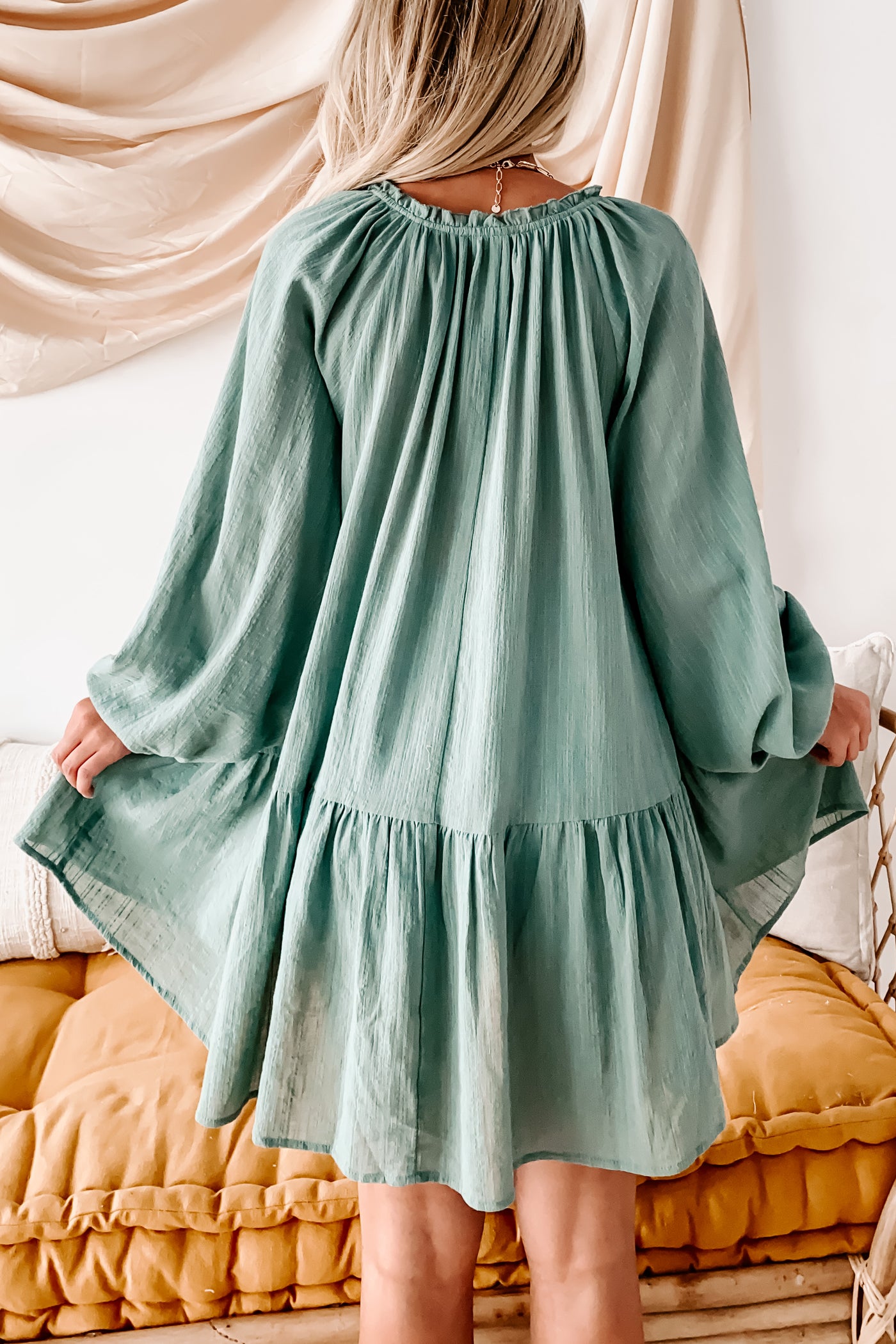 Forever Sweet Button-Front Long Sleeve Mini Dress (Sage) - NanaMacs