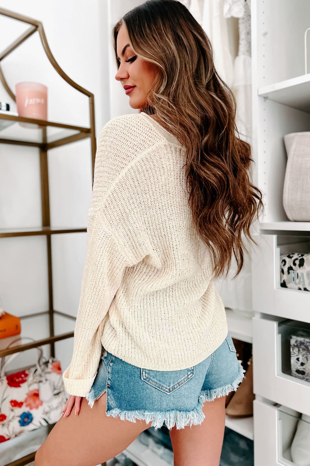 Afternoon Calm V Neck Cuffed Sleeve Sweater Cream NanaMacs