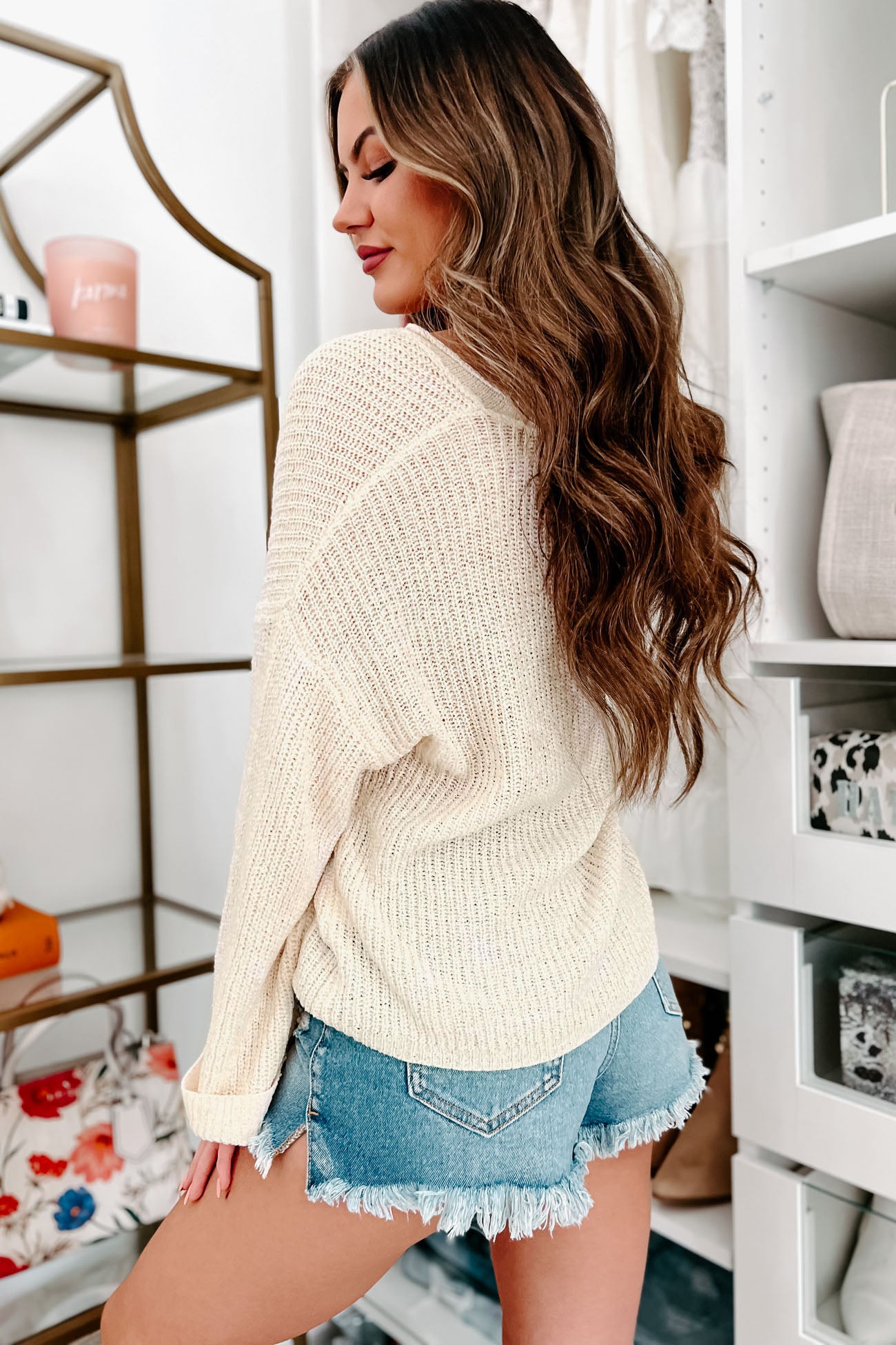 Afternoon Calm V-Neck Cuffed Sleeve Sweater (Cream) - NanaMacs