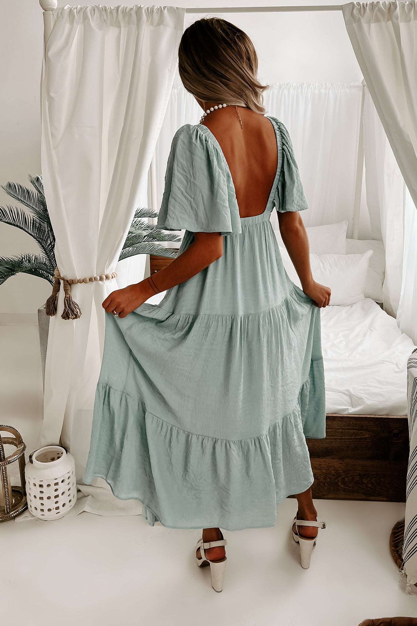 Sweet Girl Ruffle Sleeve Tiered V-Neck Maxi Dress (Sage Blue) - NanaMacs