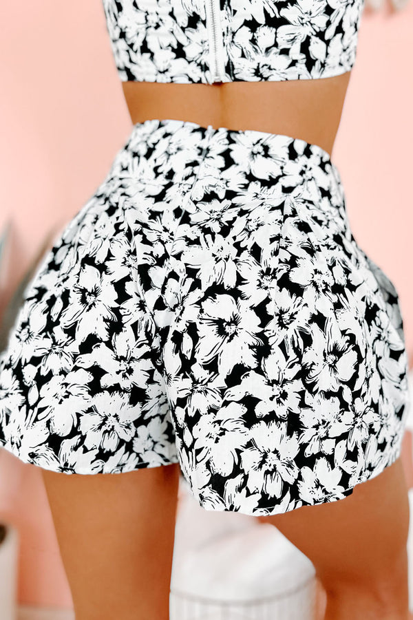 Florally Flirty Two-Piece Floral Shorts Set (Black/White) - NanaMacs