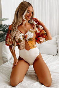 Garden Get Togethers Floral Puff Sleeve Cut-Out Bodysuit (Orange Floral) - NanaMacs