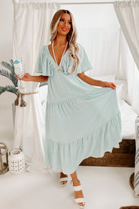 Sweet Girl Ruffle Sleeve Tiered V-Neck Maxi Dress (Sage Blue) - NanaMacs