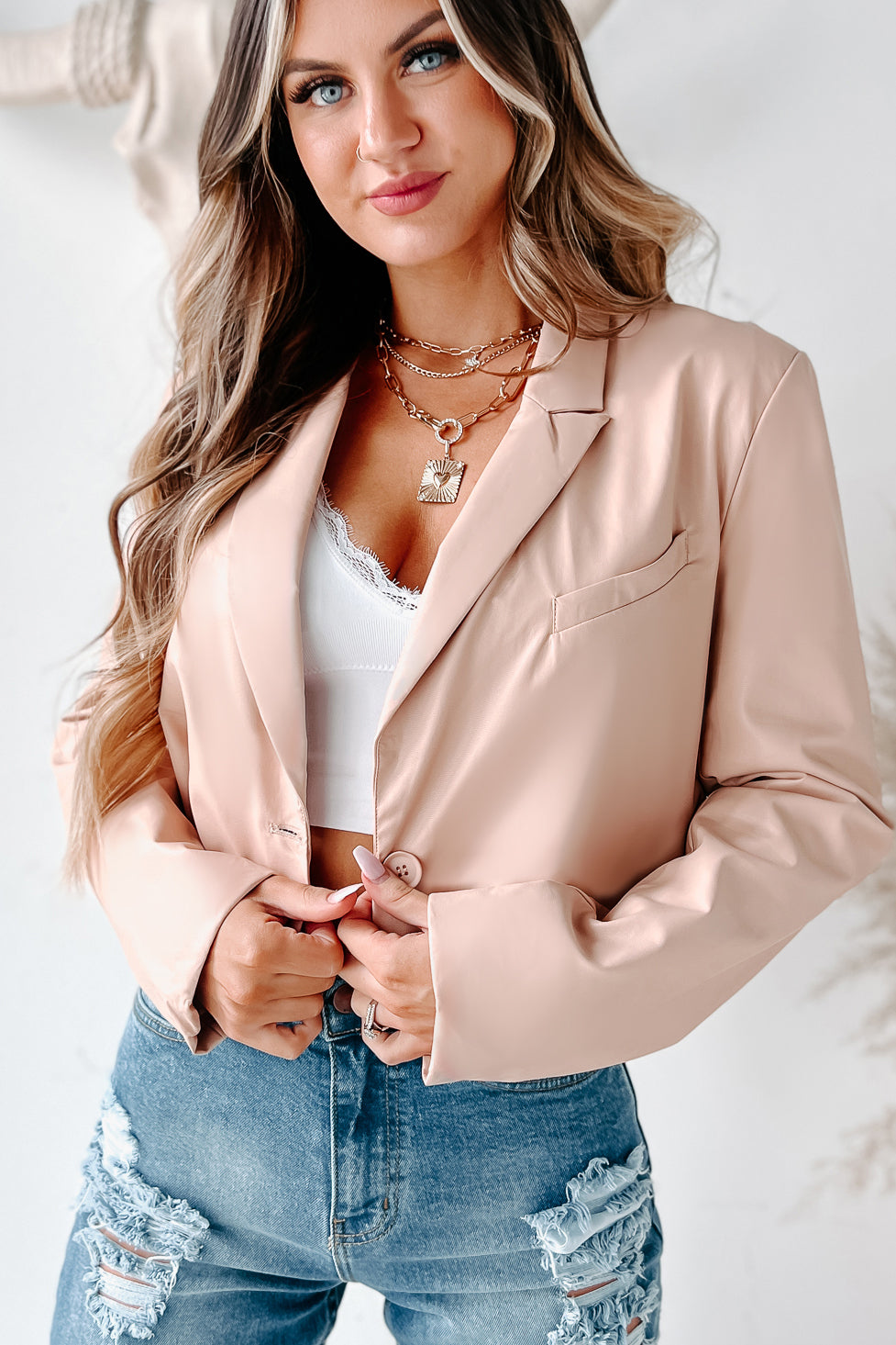 Right On Task Faux Leather Crop Jacket (Peach) - NanaMacs