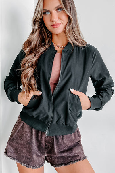 Just Between Us Faux Suede Bomber Jacket (Black) - NanaMacs