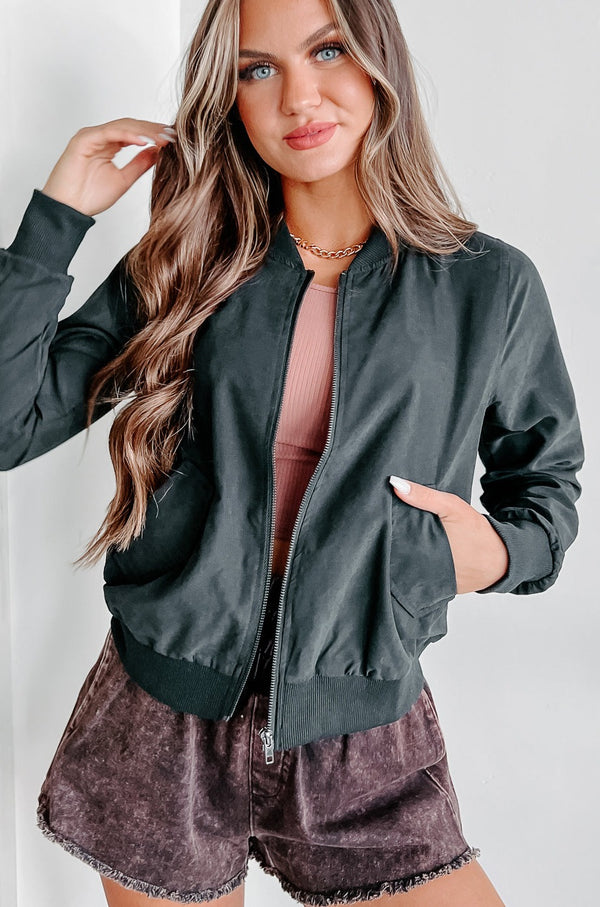 Just Between Us Faux Suede Bomber Jacket (Black) - NanaMacs