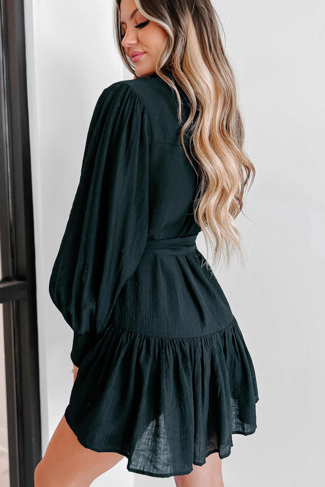 When You Arrive Long Sleeve Belted Mini Dress (Black) - NanaMacs