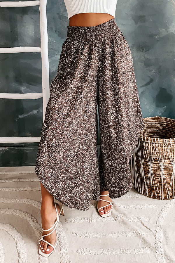 Boho Mindset Smocked Waist Spotted Print Pants (Brown/Navy) - NanaMacs