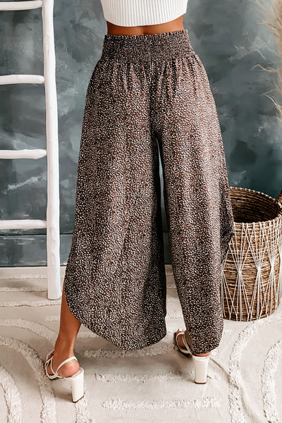 Boho Mindset Smocked Waist Spotted Print Pants (Brown/Navy) - NanaMacs