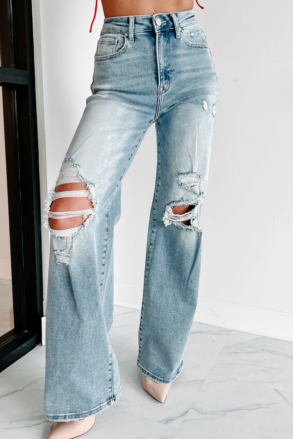 Kam High Rise Distressed Straight Leg Jeans (Light) - NanaMacs