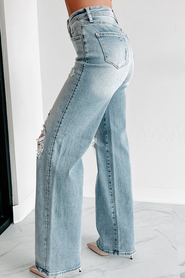 Kam High Rise Distressed Straight Leg Jeans (Light) - NanaMacs